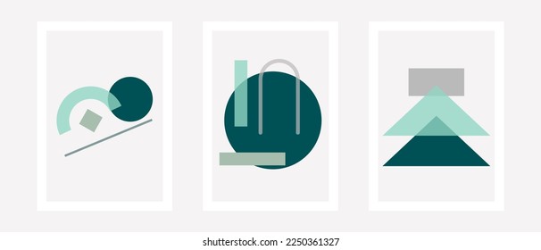 Geometric minimal background set. Simple primitive figures, modern posters suprematism bauhaus style. Set of creative minimalist illustrations for wall decoration, postcard or brochure cover design.