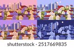 Geometric minimal city. Day and night cityscape. Modern urban landscape with building, houses, skyscraper, road with cars. Town streets in morning and evening times. Flat vector illustrations