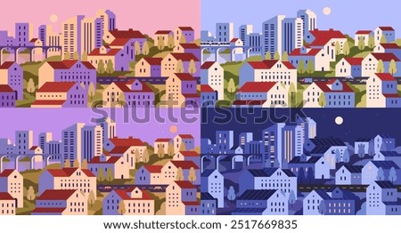 Geometric minimal city. Day and night cityscape. Modern urban landscape with building, houses, skyscraper, road with cars. Town streets in morning and evening times. Flat vector illustrations