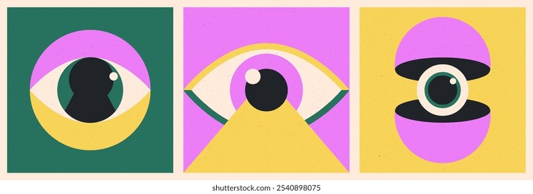 Geometric minimal eyes posters. Abstract eye ball icons with geometric shapes, simple funky eyeball elements for magazine cover design. Vector set