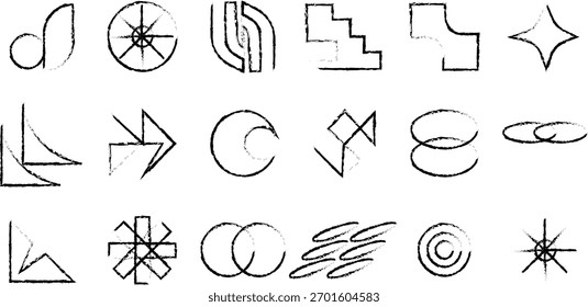 Geometric Minimal Line Icon Shape Bundle for Clean Modern Design. Distressed Hand-Drawn Abstract Brush Shapes Collection.