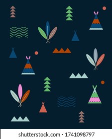 Geometric minimal native American Aztec Indian seamless pattern. Fashionable stylized summer vector. Nature mountains forest adventure outdoors boho theme. Play camp tee pee. Editable design element. 