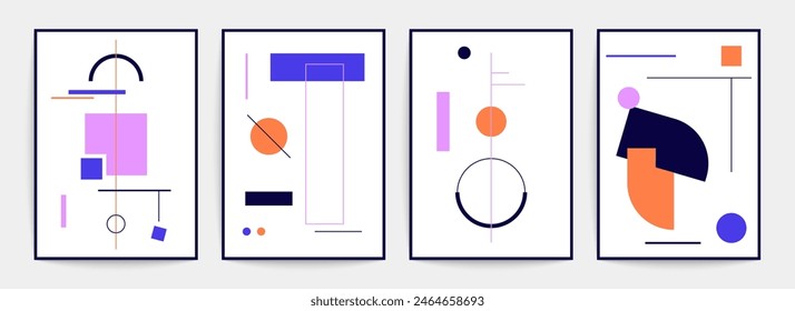 Geometric minimal posters. Simple primitive geometry figures, modern backgrounds wall art suprematism bauhaus style. Vector set.