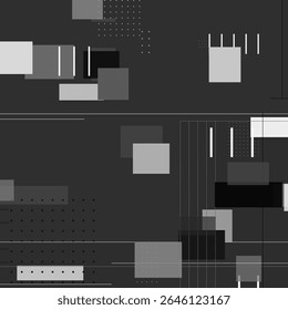 Minimalismo geométrico. Composição de retângulos, linhas e pontos, executada em uma paleta monocromática. Tons contrastantes de cinza, branco e preto dão à obra um olhar moderno e tecnológico