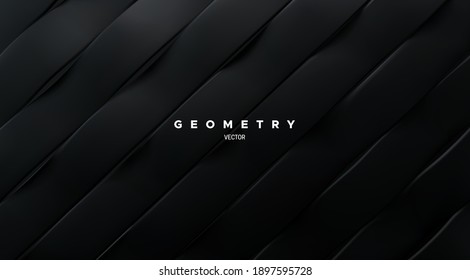 Geometric minimalist 3d pattern. Black carbon ribbons. Abstract background. Vector architectural illustration. Sliced surface. Modern cover design