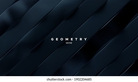Geometric minimalist 3d pattern. Black carbon ribbons. Abstract background. Vector architectural illustration. Sliced surface. Modern cover design