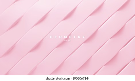 Geometric minimalist 3d pattern. Soft pink ribbons. Abstract background. Vector architectural illustration. Sliced surface. Modern cover design