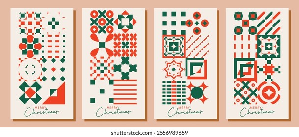 Geometric minimalist Christmas posters. Bauhaus, Zellige Inspired Christmas Backgrounds. Trendy Winter Holidays art templates. good for social media story posts and prints.