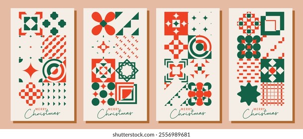 Geometric minimalist Christmas posters. Bauhaus, Zellige Inspired Christmas Backgrounds. Trendy Winter Holidays art templates. good for social media story posts and prints.