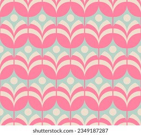 Geometric minimalist floral design with floral motifs in a soft pastel color palette. Retro floral seamless pattern design. Mid century modern style floral pattern.