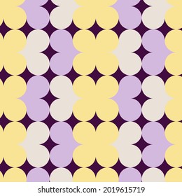 Geometric minimalist flowers and hearts shapes seamless pattern. Pastel colors. Dark background. Vector illustration, flat design