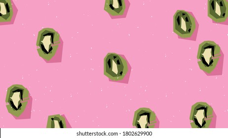 Geometric minimalist fruit background. Kiwi lies on the table, casting a shadow. View from above. Torn or cut paper elements. Abstract banner with copy space. Flat design vector illustration. 