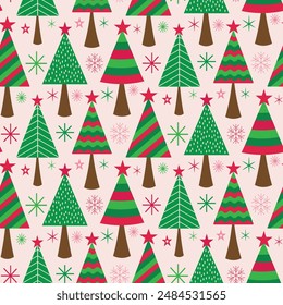 Geometric Minimalist Scandinavian Christmas trees seamless pattern with snowflakes and stars in green and red on white background. For Christmas wrapping paper, greeting cards and fabric