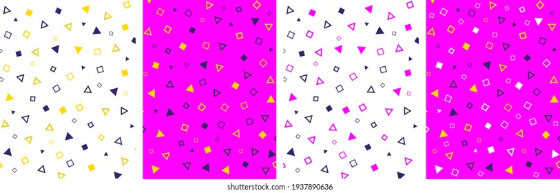 Conjunto de vector geométrico minimalista. Diseño de fondo abstracto de estilo Memphis. Patrón de colores violeta, amarillo, negro y blanco. Papel de escritorio, folleto, pancarta o afiche