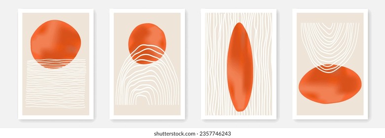 Geometric Minimalist Wall Art Prints Set with Lines, Textures and Abstract Shapes. Vector Trendy Contemporary Poster Design in Geometric Collage Style.