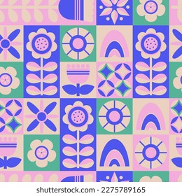 Patrón geométrico minimalista floral sin soldadura. Diseño de mosaicos de patrón colorido y abstracto repetible con flores y formas. Ilustración vectorial. Estilo plano dibujado a mano para el embalaje, textil, papel pintado