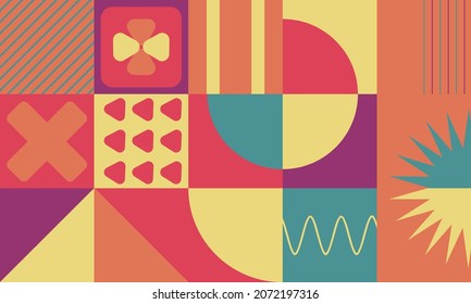Geometric minimalistic pattern. Bright triangles and circles. Design for advertising branding, web banner, business.Colorful Bauhaus pattern background