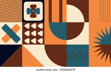 Geometric minimalistic pattern. Orange and green details, circles, squares and geometric shapes. Design for advertising branding, web banner, business.Colorful Bauhaus pattern background
