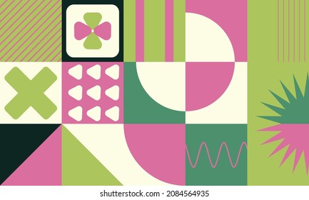 Geometric minimalistic pattern.Pink and green details, circles, squares and geometric shapes. Design for advertising branding, web banner, business.Colorful Bauhaus pattern background