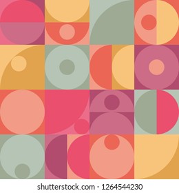 Geometric minimalistic vector seamless pattern. Multicolor abstract background. Retro ornament with spheres, circles, squares. Print with simple figures, shapes. Wrapping paper, poster backdrop