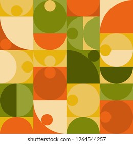 Geometric minimalistic vector seamless pattern. Abstract illustration with simple figures. Scandinavian style ornament. Red, green, yellow, circles, squares. Retro wrapping paper, poster background