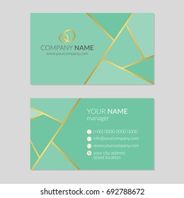 Geometric Mint Green And Gold Business Card Template.