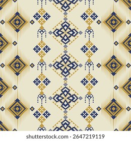 Geometric mix Ikat Seamless Pattern. Minimal seamless tribal diamond pattern with cream and gold tones, accented by navy blue. A perfect fit for boho style prints and surface patterns.
