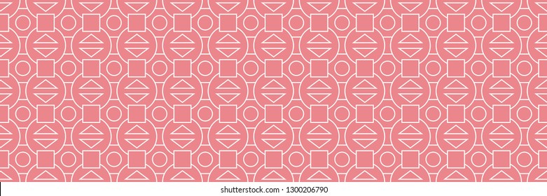 Geometric mixed shape print. White seamless pattern on pink long background