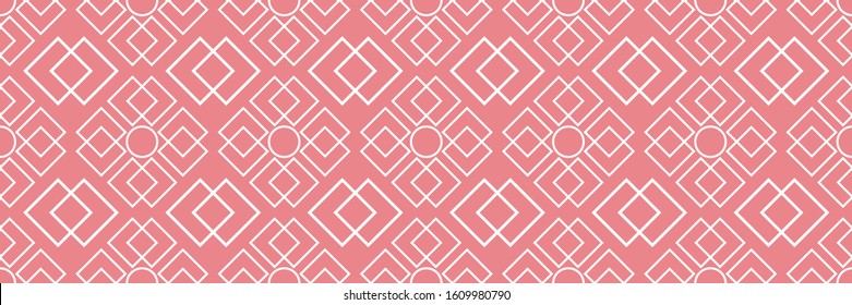 Geometric mixed shape print. White seamless pattern on pink long background. Vector illustration