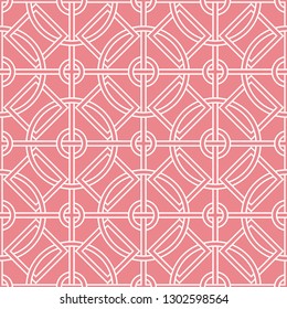  Geometric mixed shape seamless pattern. Pink and white background