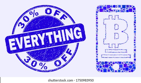 Geometric mobile bitcoin bank mosaic icon and 30% Off Everything seal stamp. Blue vector round grunge seal stamp with 30% Off Everything title.