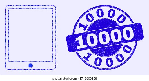 Geometric mobile organizer mosaic pictogram and 10000 watermark. Blue vector round scratched watermark with 10000 text. Abstract mosaic of mobile organizer created of spheric, triangles,