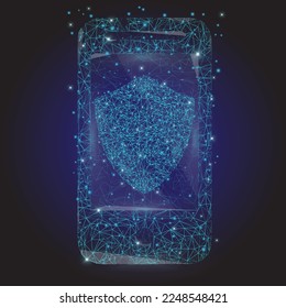 geometric mobile with shield, concept for protecting data and online security. made out of lines, dots and stars in a futuristic blue color