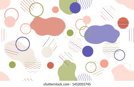 Geometric modern abstract background with liquid dynamic fluid shapes. Seamless vector colorful pattern with conceptual elements, circles, rounds, lines, stripes, waves.