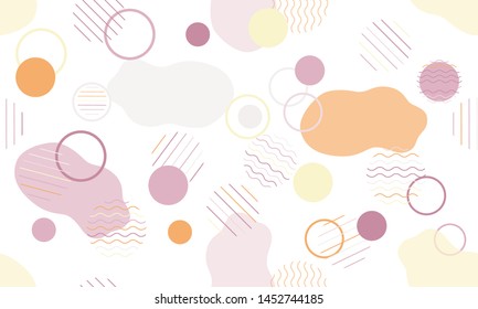 Geometric modern abstract background with liquid dynamic fluid shapes. Seamless vector colorful pattern with conceptual elements, circles, rounds, lines, stripes, waves.
