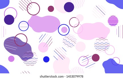 Geometric modern abstract background with liquid dynamic fluid shapes. Seamless vector colorful pattern with conceptual elements, circles, rounds, lines, stripes, waves.