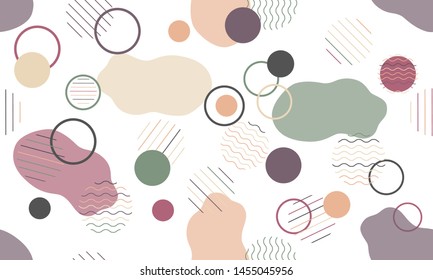 Geometric modern abstract background with liquid dynamic fluid shapes. Seamless vector colorful pattern with conceptual elements, circles, rounds, lines, stripes, waves.