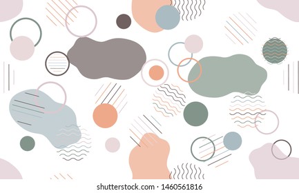 Geometric modern abstract background with liquid dynamic fluid shapes. Seamless vector colorful pattern with conceptual elements, circles, rounds, lines, stripes, waves.