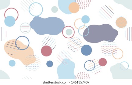 Geometric modern abstract background with liquid dynamic fluid shapes. Seamless vector colorful pattern with conceptual elements, circles, rounds, lines, stripes, waves.