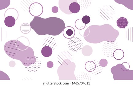 Geometric modern abstract background with liquid dynamic fluid shapes. Seamless vector colorful pattern with conceptual elements, circles, rounds, lines, stripes, waves.
