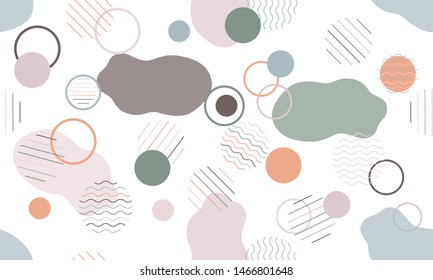 Geometric modern abstract background with liquid dynamic fluid shapes. Seamless vector colorful pattern with conceptual elements, circles, rounds, lines, stripes, waves.