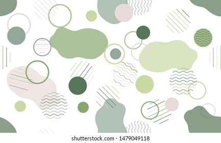 Geometric modern abstract background with liquid dynamic fluid shapes. Seamless vector colorful pattern with conceptual elements, circles, rounds, lines, stripes, waves.