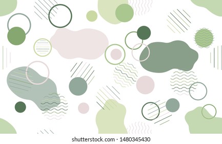 Geometric modern abstract background with liquid dynamic fluid shapes. Seamless vector colorful pattern with conceptual elements, circles, rounds, lines, stripes, waves.