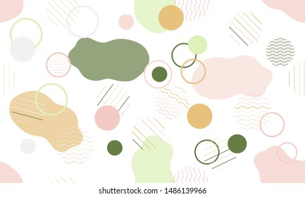 Geometric modern abstract background with liquid dynamic fluid shapes. Seamless vector colorful pattern with conceptual elements, circles, rounds, lines, stripes, waves.