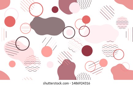 Geometric modern abstract background with liquid dynamic fluid shapes. Seamless vector colorful pattern with conceptual elements, circles, rounds, lines, stripes, waves.
