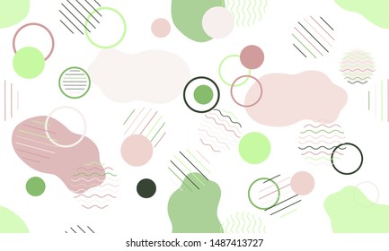 Geometric modern abstract background with liquid dynamic fluid shapes. Seamless vector colorful pattern with conceptual elements, circles, rounds, lines, stripes, waves.
