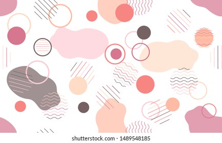 Geometric modern abstract background with liquid dynamic fluid shapes. Seamless vector colorful pattern with conceptual elements, circles, rounds, lines, stripes, waves.