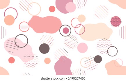 Geometric modern abstract background with liquid dynamic fluid shapes. Seamless vector colorful pattern with conceptual elements, circles, rounds, lines, stripes, waves.