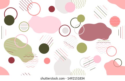 Geometric modern abstract background with liquid dynamic fluid shapes. Seamless vector colorful pattern with conceptual elements, circles, rounds, lines, stripes, waves.