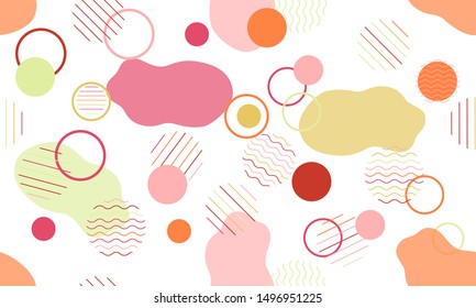 Geometric modern abstract background with liquid dynamic fluid shapes. Seamless vector colorful pattern with conceptual elements, circles, rounds, lines, stripes, waves.